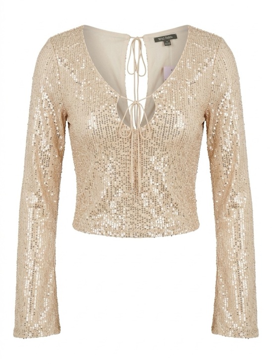 wild fable Tops - wild fable Gold Sequin Tie-Front Long Sleeve Crop Top